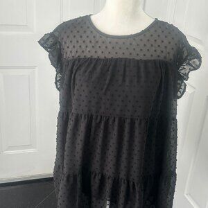 Dorose Black Dotted Swiss Babydoll Tunic Top Large Sheer Boho Blouse
